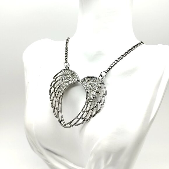 Rhinestone Angel Wing Open Heart Necklace Silver Tone Statement Pendant Chain - Picture 13 of 16